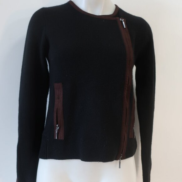 Womens Raffi Black Brown Pure Cashmere Asymmetric Full Zip Cardigan Jacket S - Picture 1 of 16